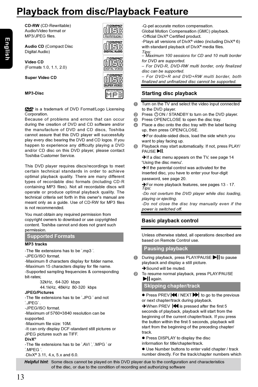 Toshiba SD-690KR manual Playback from disc/Playback Feature, Supported Formats, Pausing playback, Skipping chapter/track 