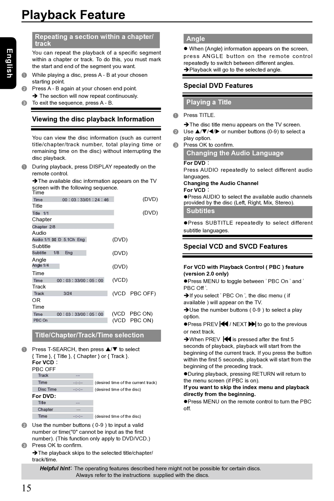 Toshiba SD-690KR Repeating a section within a chapter/ track, Title/Chapter/Track/Time selection, Angle, Playing a Title 