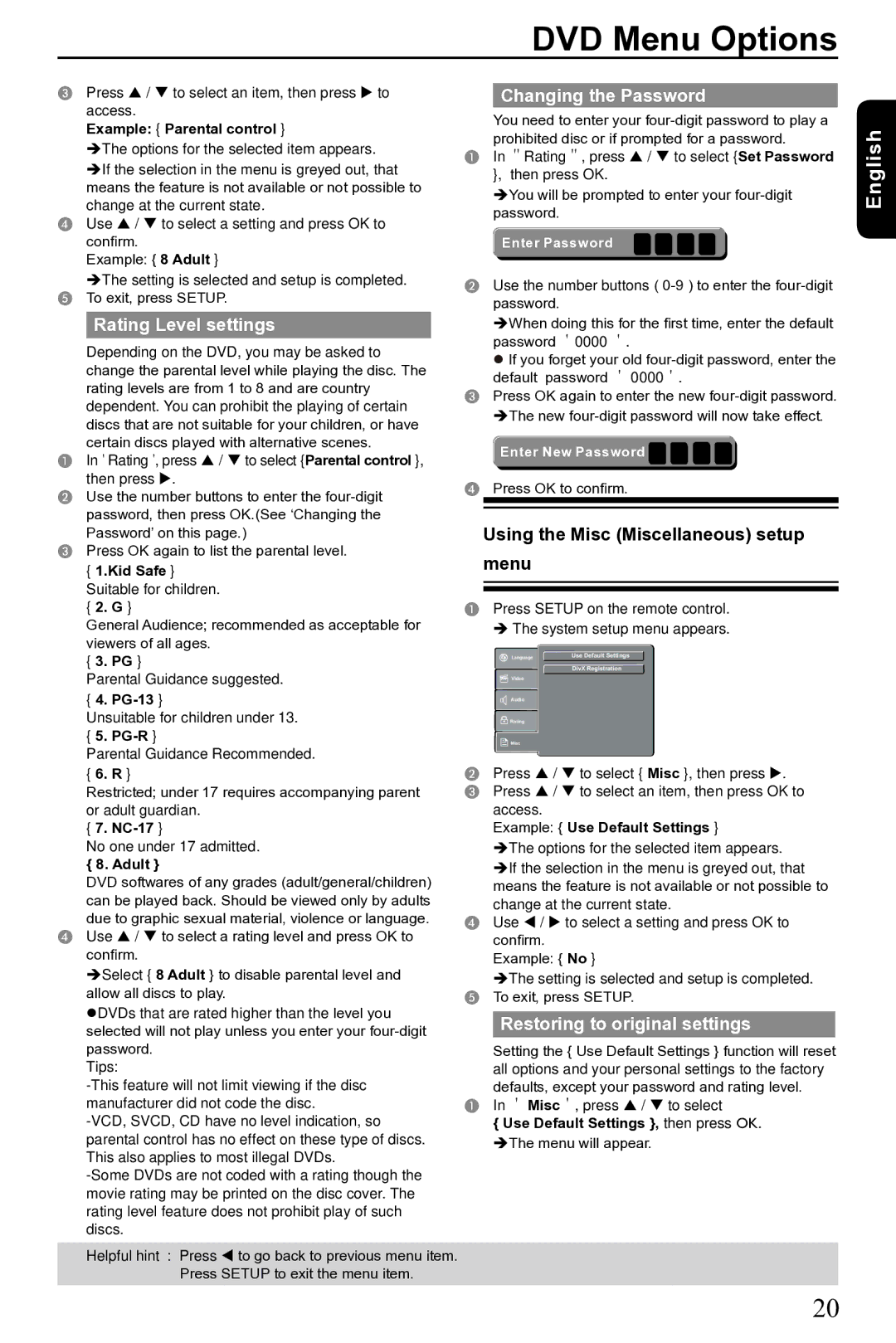 Toshiba SD-690KR manual Changing the Password, Rating Level settings, Using the Misc Miscellaneous setup Menu 