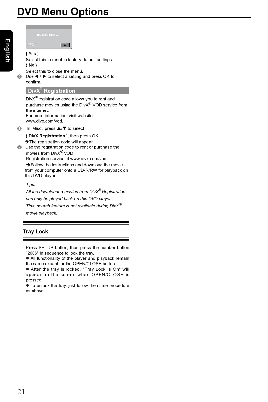 Toshiba SD-690KR manual Tray Lock, Yes, DivX Registration , then press OK 