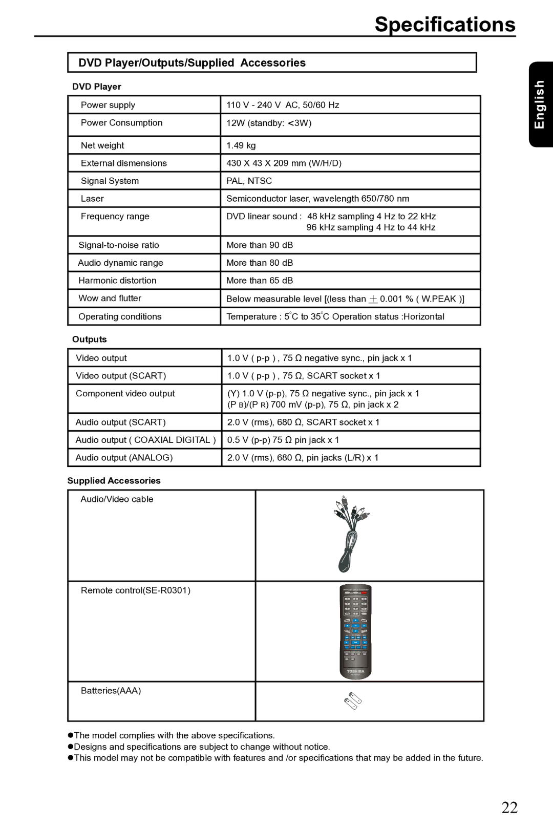 Toshiba SD-690KR manual Specifications, DVD Player/Outputs/Supplied Accessories 