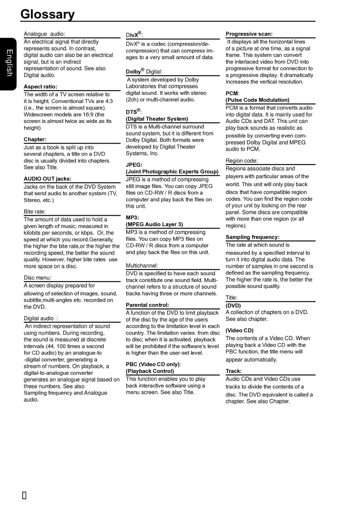 Toshiba SD-690KR manual Glossary, Dts, Jpeg, Pcm, Dvd 