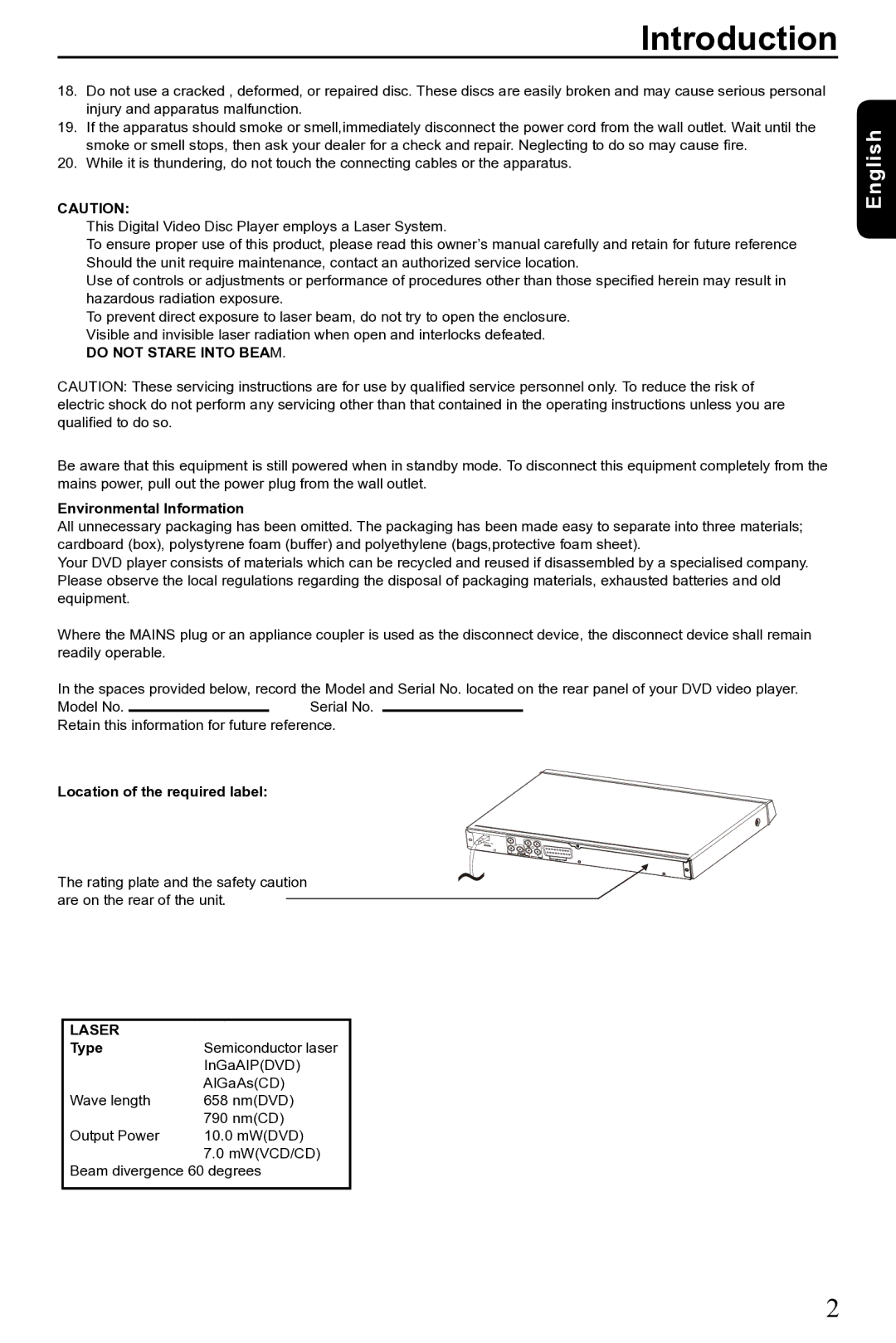 Toshiba SD-690KR manual Do not Stare Into Beam, Environmental Information, Location of the required label, Laser, Type 