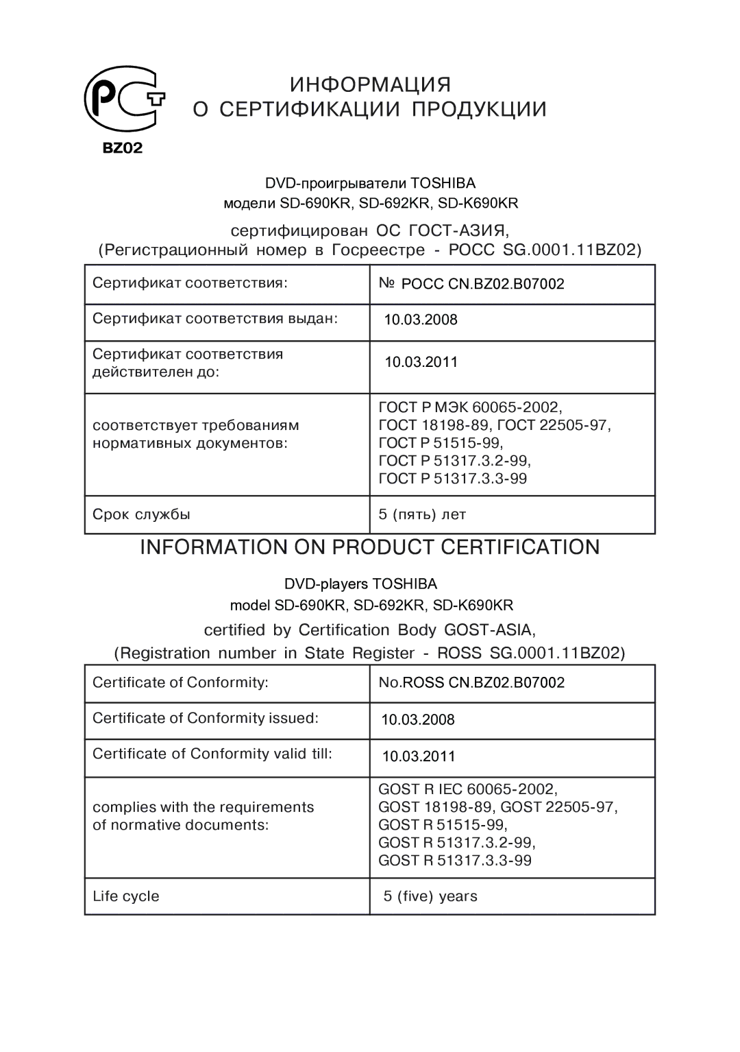 Toshiba SD-690KR manual Информация Сертификации Продукции 