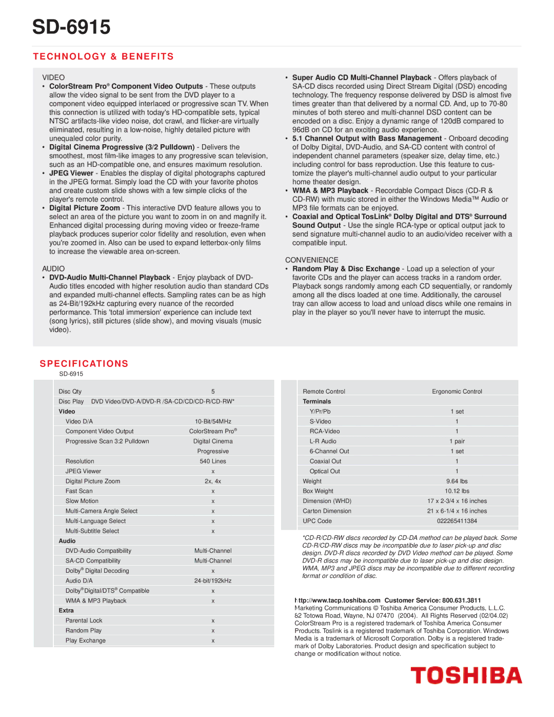 Toshiba SD-6915 manual Video, Audio, Extra, Terminals 