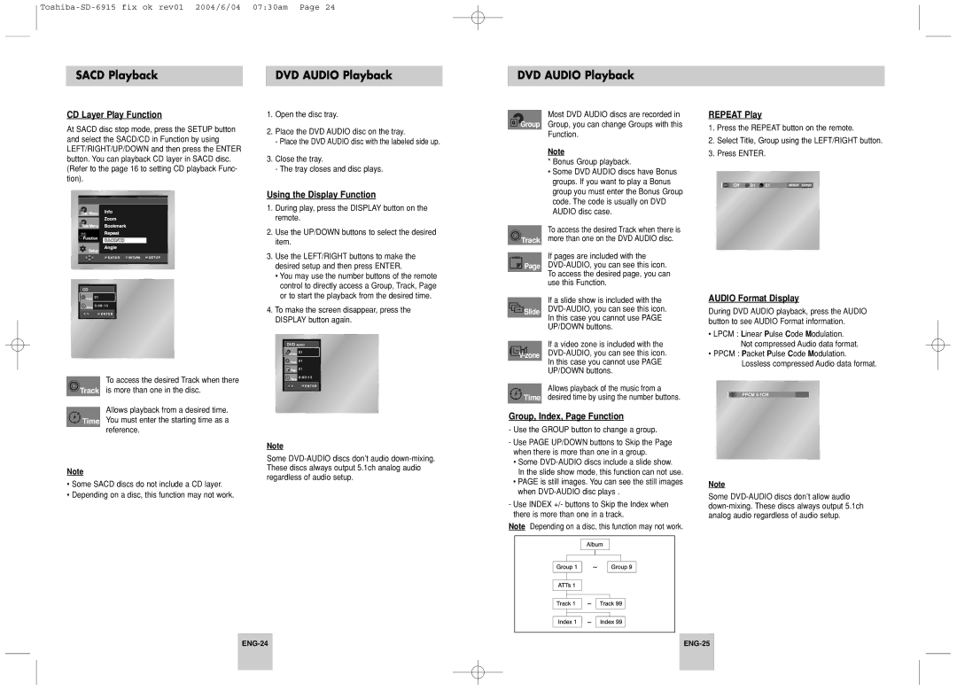 Toshiba SD-6915SU instruction manual Sacd Playback DVD Audio Playback 