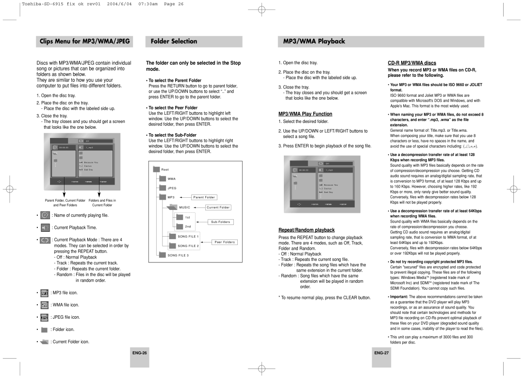 Toshiba SD-6915SU instruction manual Folder Selection MP3/WMA Playback, Mode, MP3/WMA Play Function, Repeat/Random playback 