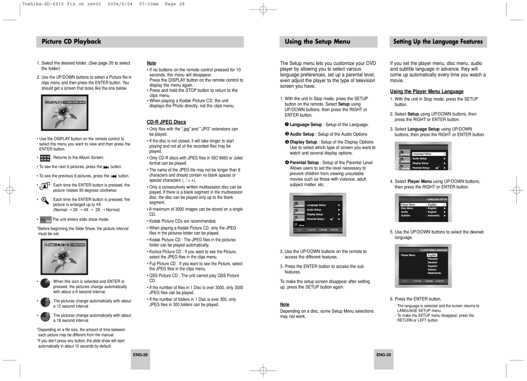 Toshiba SD-6915SU Picture CD Playback Using the Setup Menu, CD-R Jpeg Discs, Using the Player Menu Language, ENG-28 ENG-29 