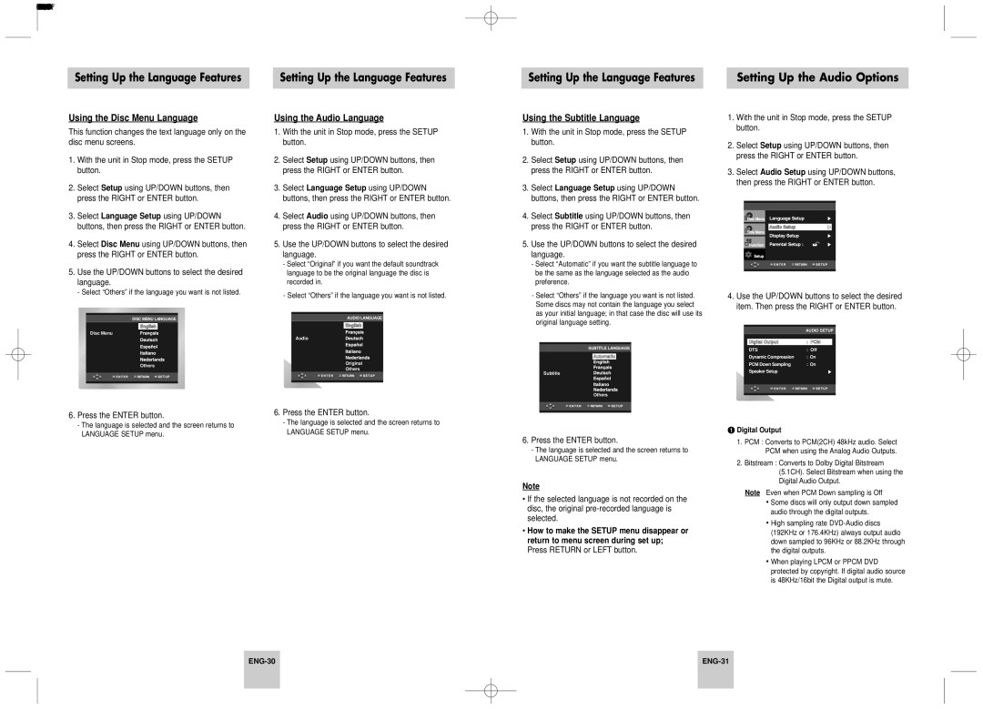 Toshiba SD-6915SU Setting Up the Language Features, Using the Disc Menu Language, Using the Audio Language 