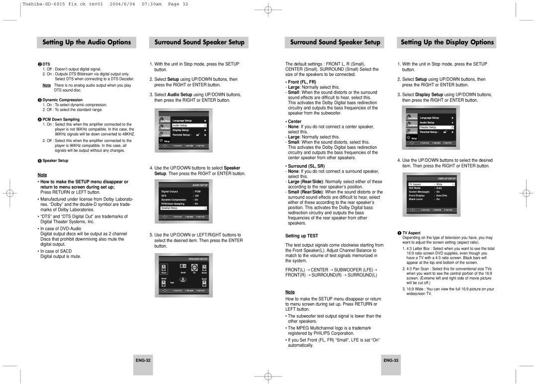 Toshiba SD-6915SU instruction manual Setting Up the Audio Options, Setting Up the Display Options 