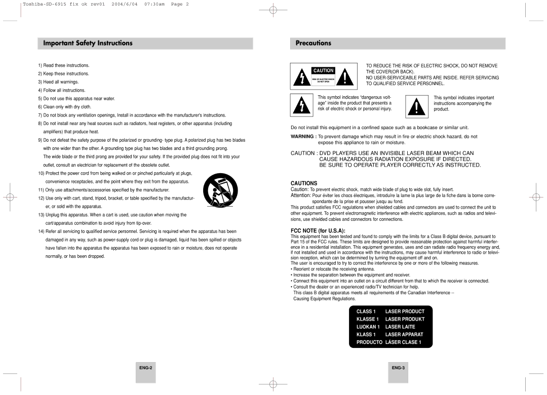 Toshiba SD-6915SU instruction manual Important Safety Instructions, Precautions, This symbol indicates dangerous volt 