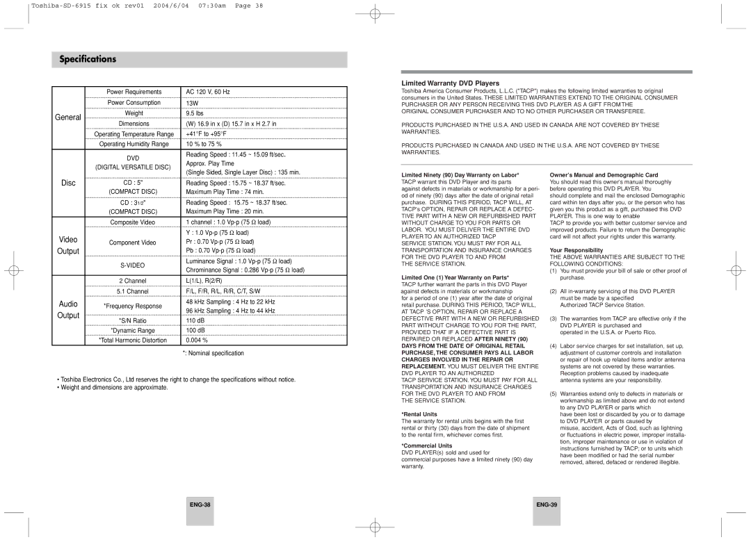 Toshiba SD-6915SU instruction manual Specifications, Limited Warranty DVD Players 