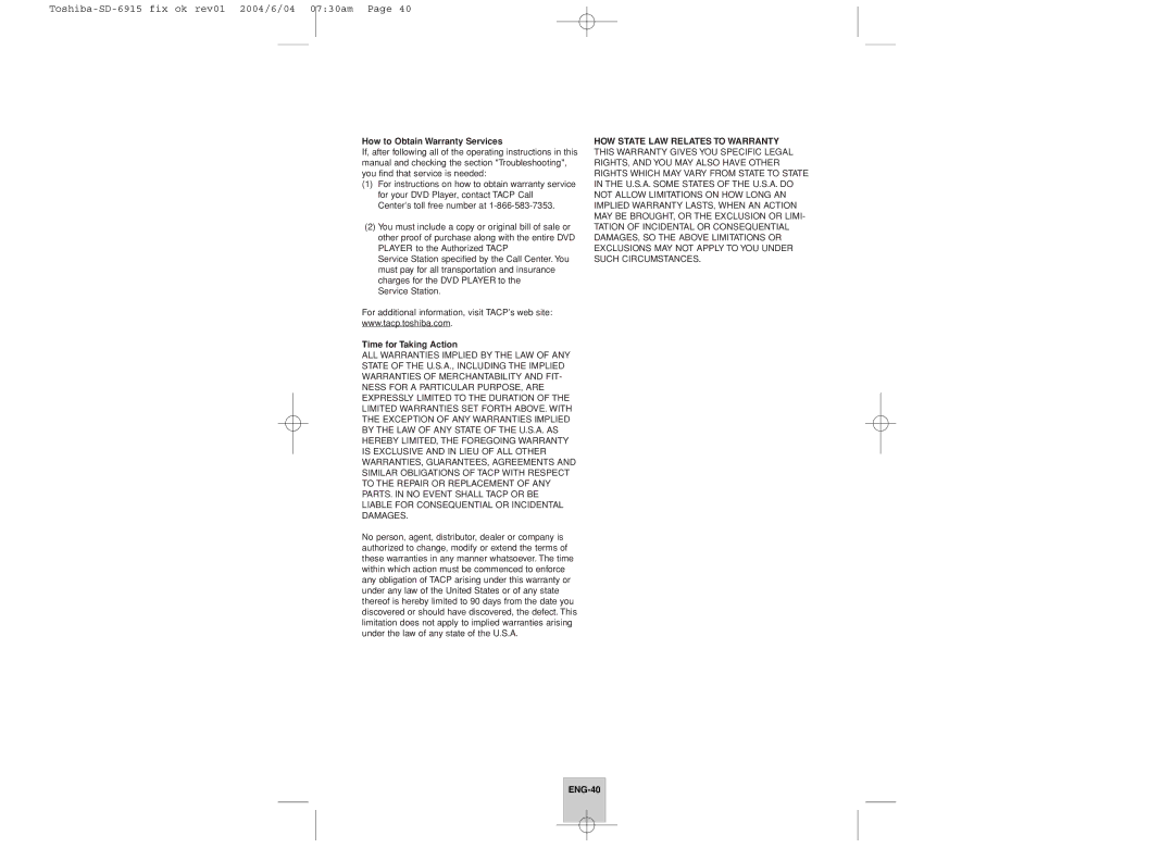 Toshiba SD-6915SU instruction manual How to Obtain Warranty Services, Time for Taking Action, ENG-40 