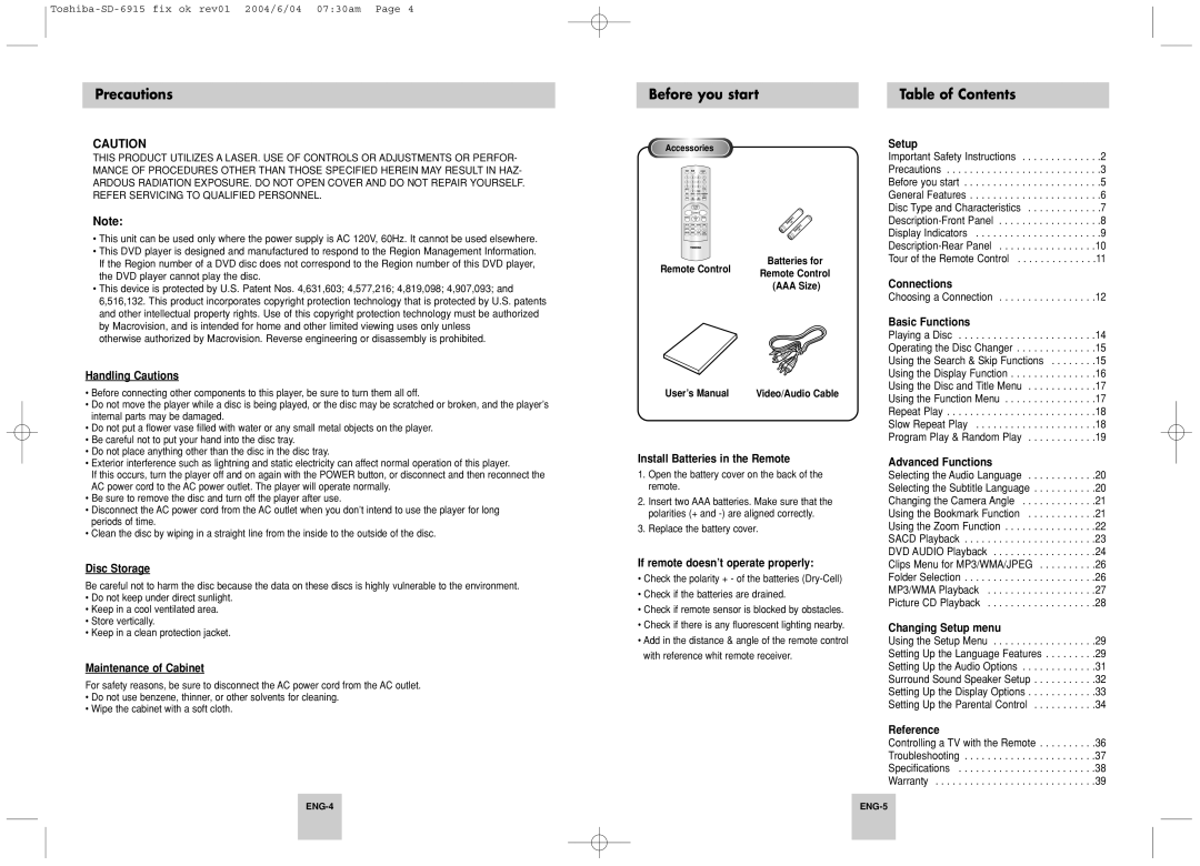 Toshiba SD-6915SU instruction manual Before you start, Table of Contents 