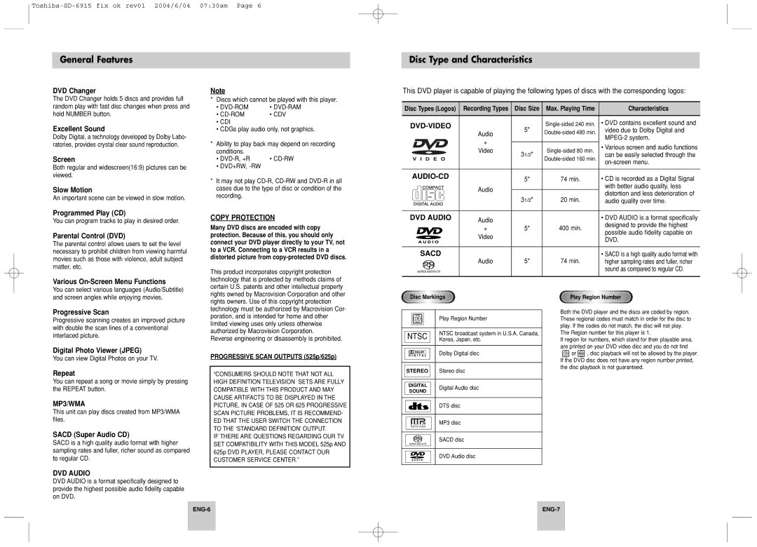 Toshiba SD-6915SU instruction manual General Features, Disc Type and Characteristics 