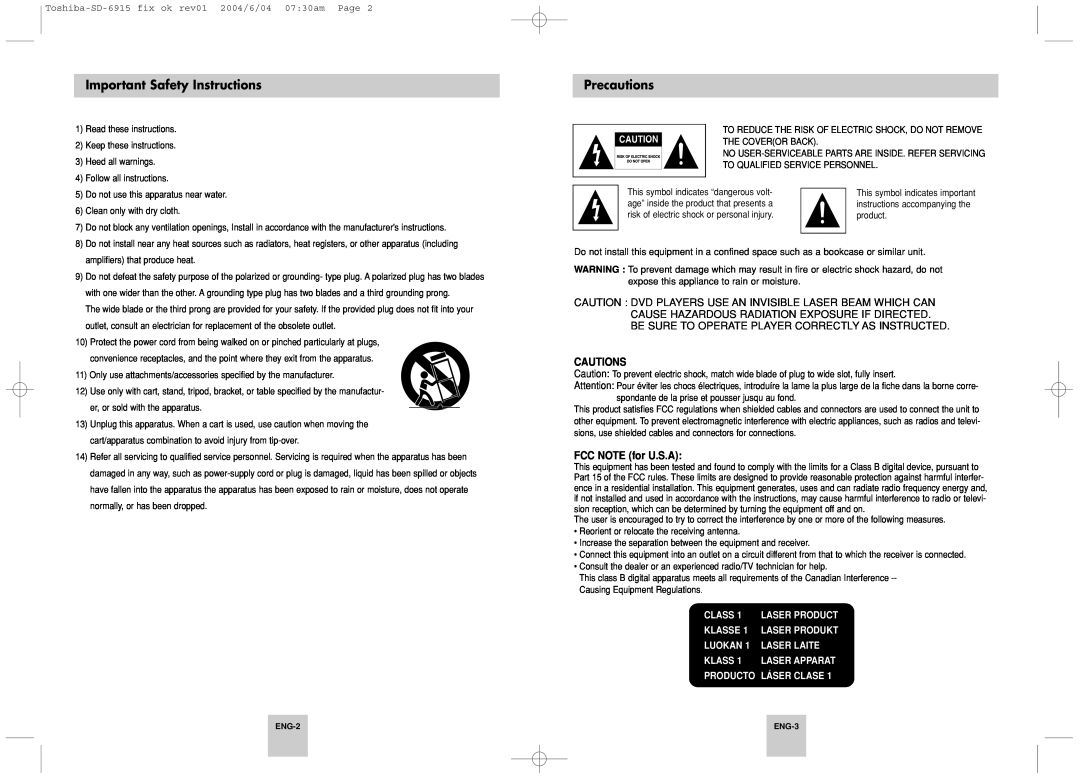 Toshiba SD-6915SU instruction manual Important Safety Instructions, Precautions, Cautions, FCC NOTE for U.S.A 