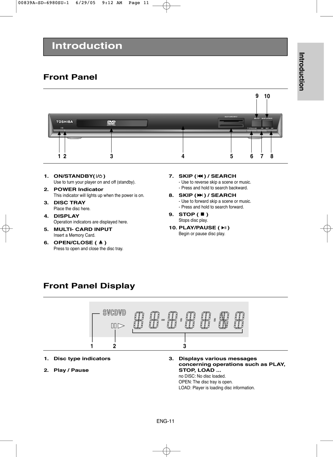 Toshiba SD-6980SU owner manual Front Panel Display 