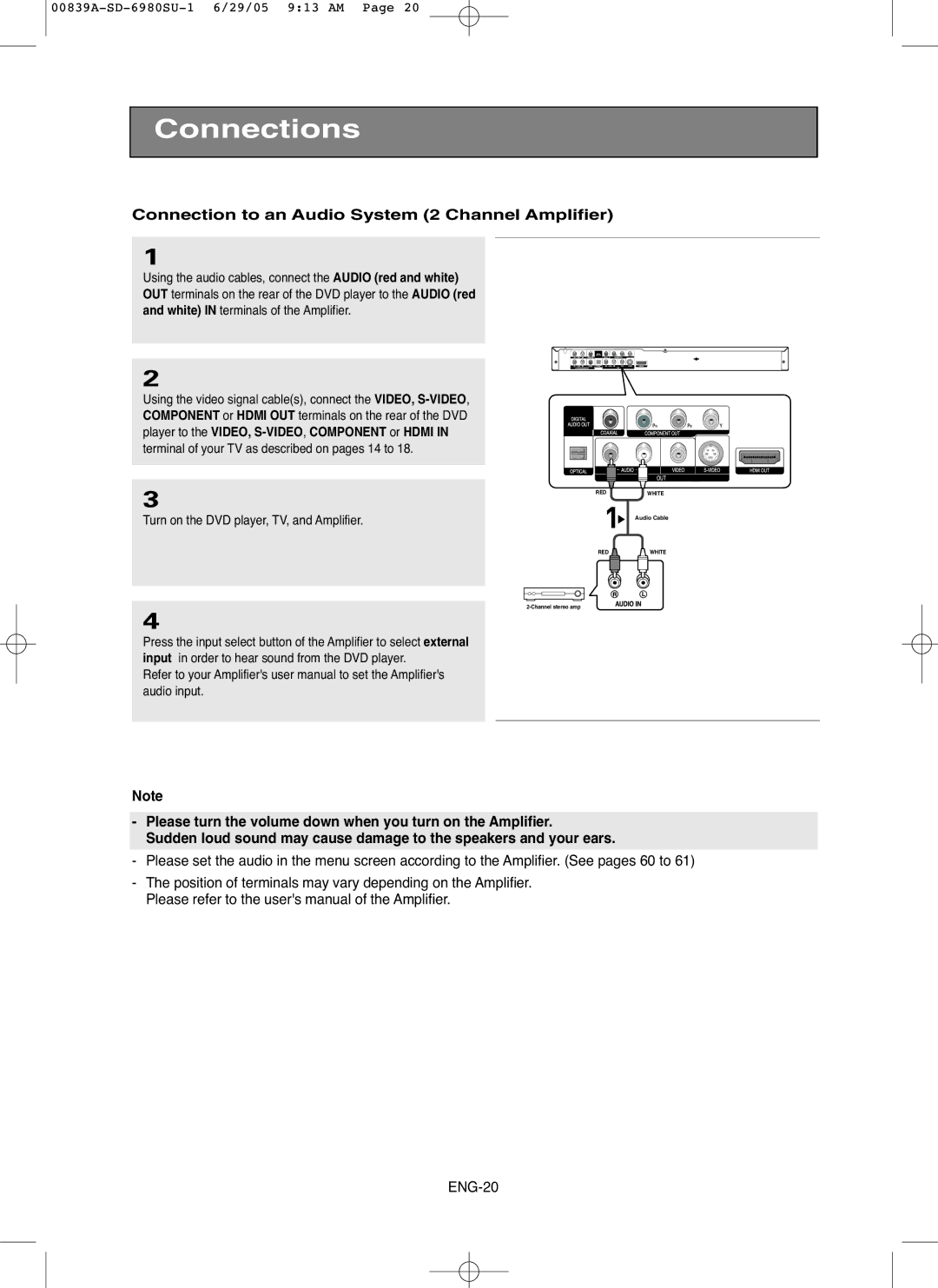 Toshiba SD-6980SU owner manual Connection to an Audio System 2 Channel Amplifier, Turn on the DVD player, TV, and Amplifier 