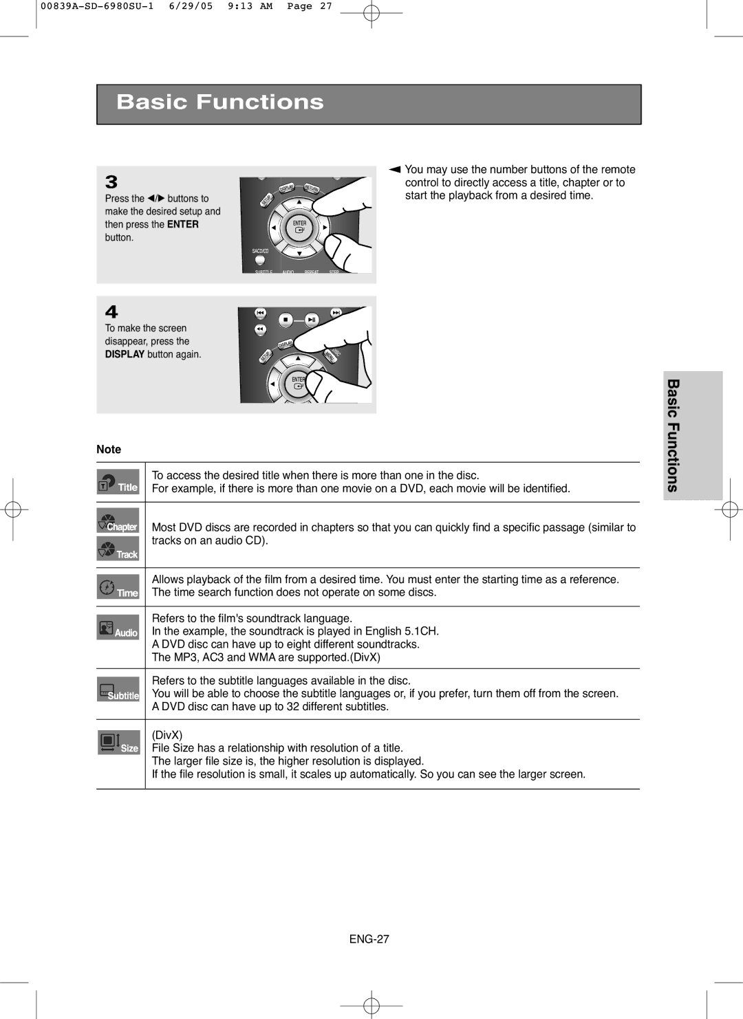 Toshiba SD-6980SU owner manual To make the screen disappear, press the Display button again 