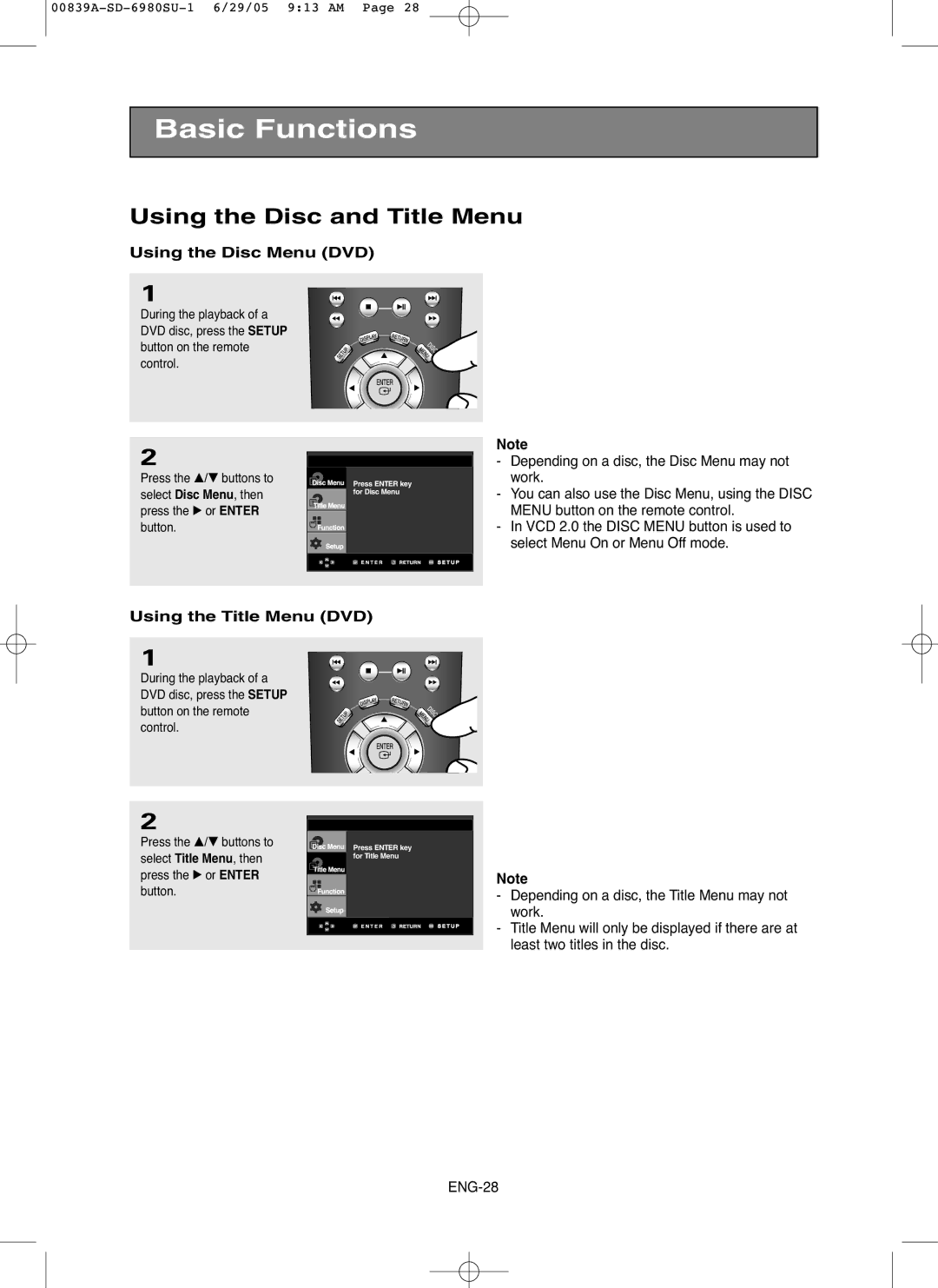 Toshiba SD-6980SU owner manual Using the Disc and Title Menu, Using the Disc Menu DVD, Using the Title Menu DVD 