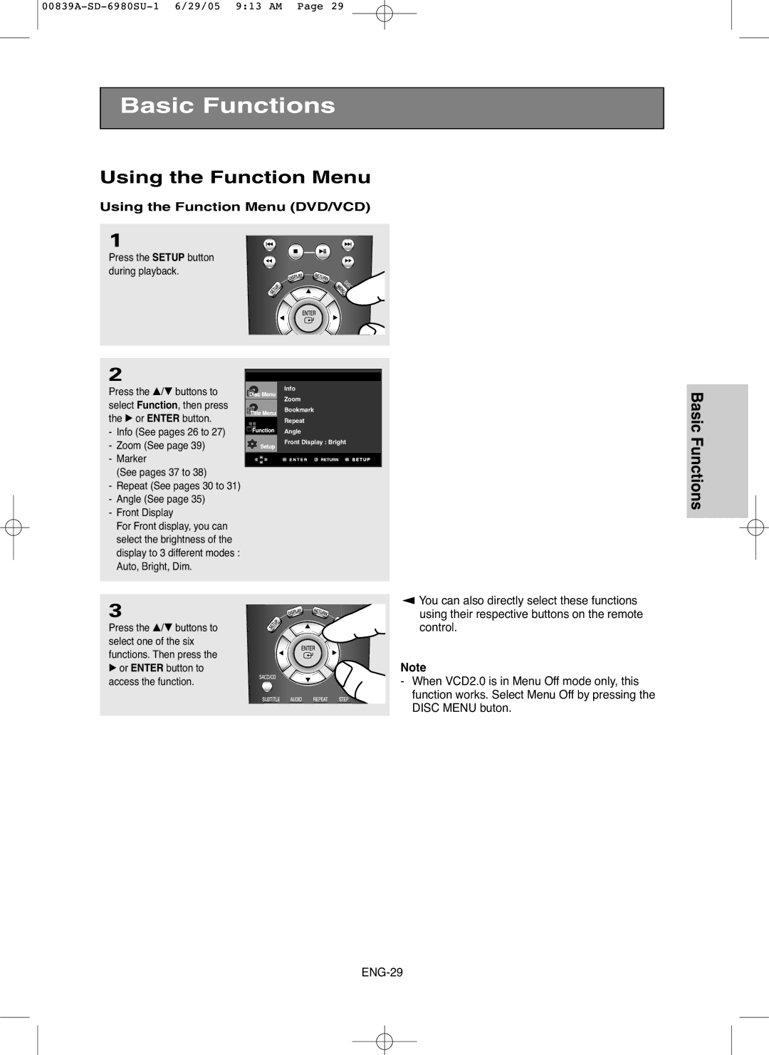 Toshiba SD-6980SU owner manual Using the Function Menu DVD/VCD 