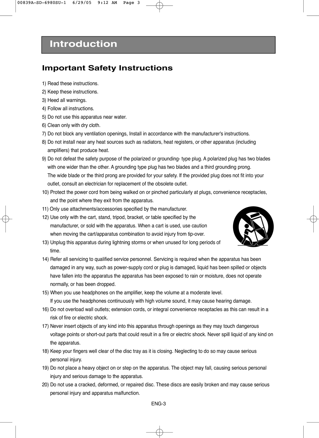 Toshiba SD-6980SU owner manual Important Safety Instructions 