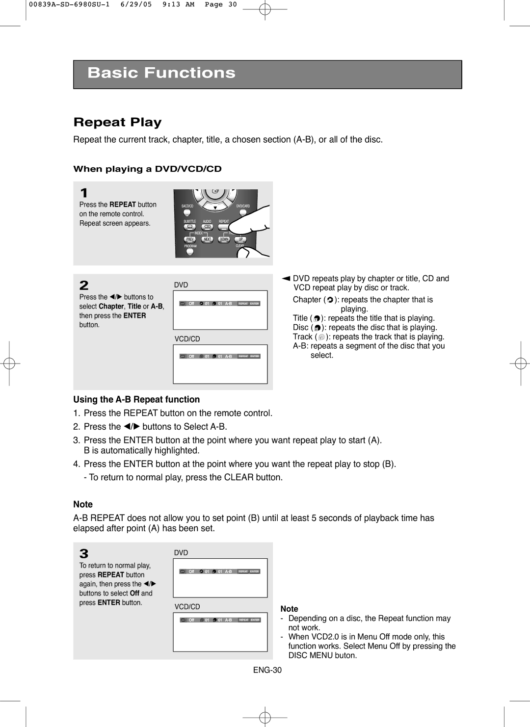 Toshiba SD-6980SU owner manual Repeat Play, Using the A-B Repeat function, When playing a DVD/VCD/CD 