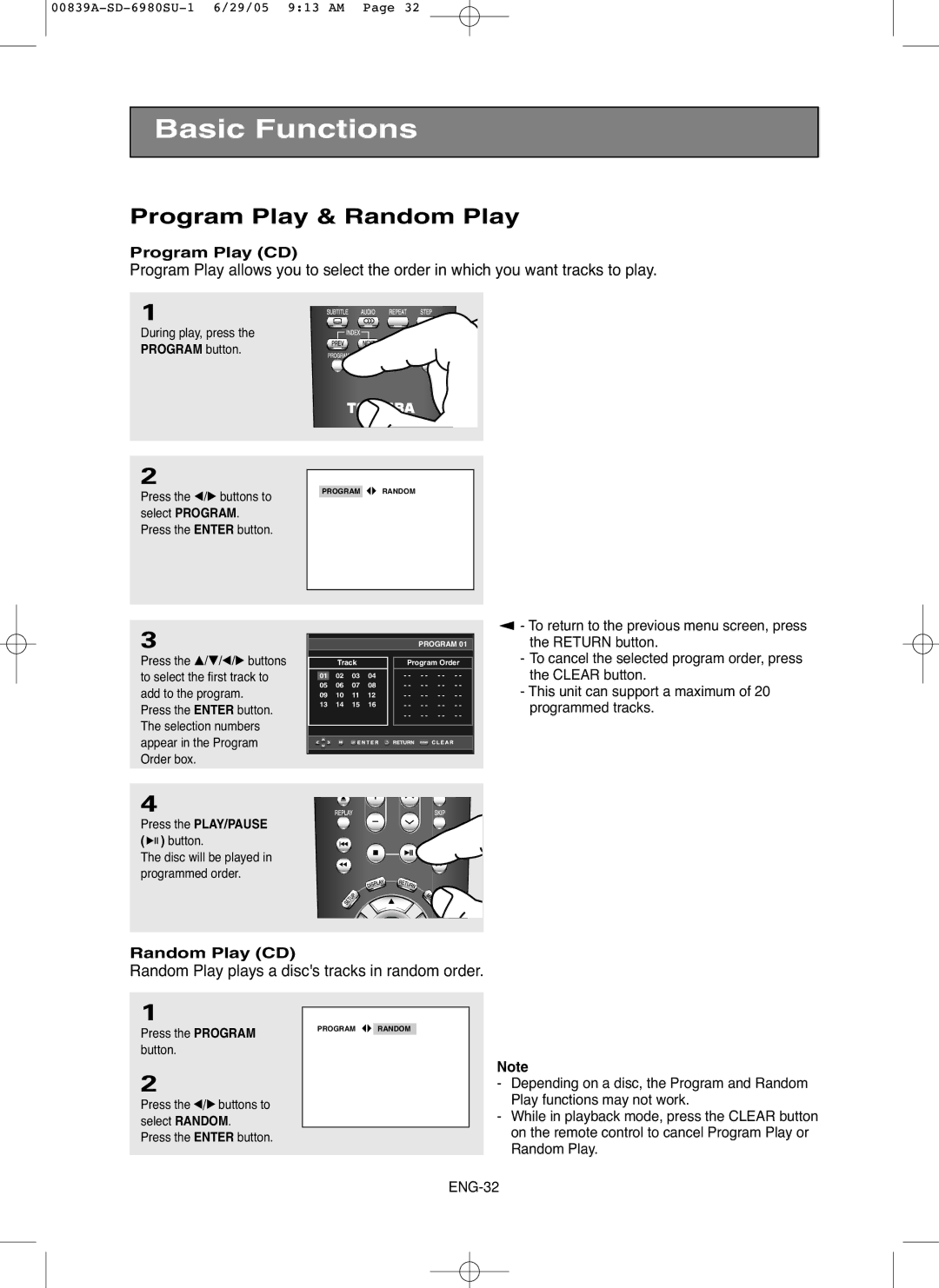 Toshiba SD-6980SU owner manual Program Play & Random Play, Random Play CD, Disc will be played in programmed order 