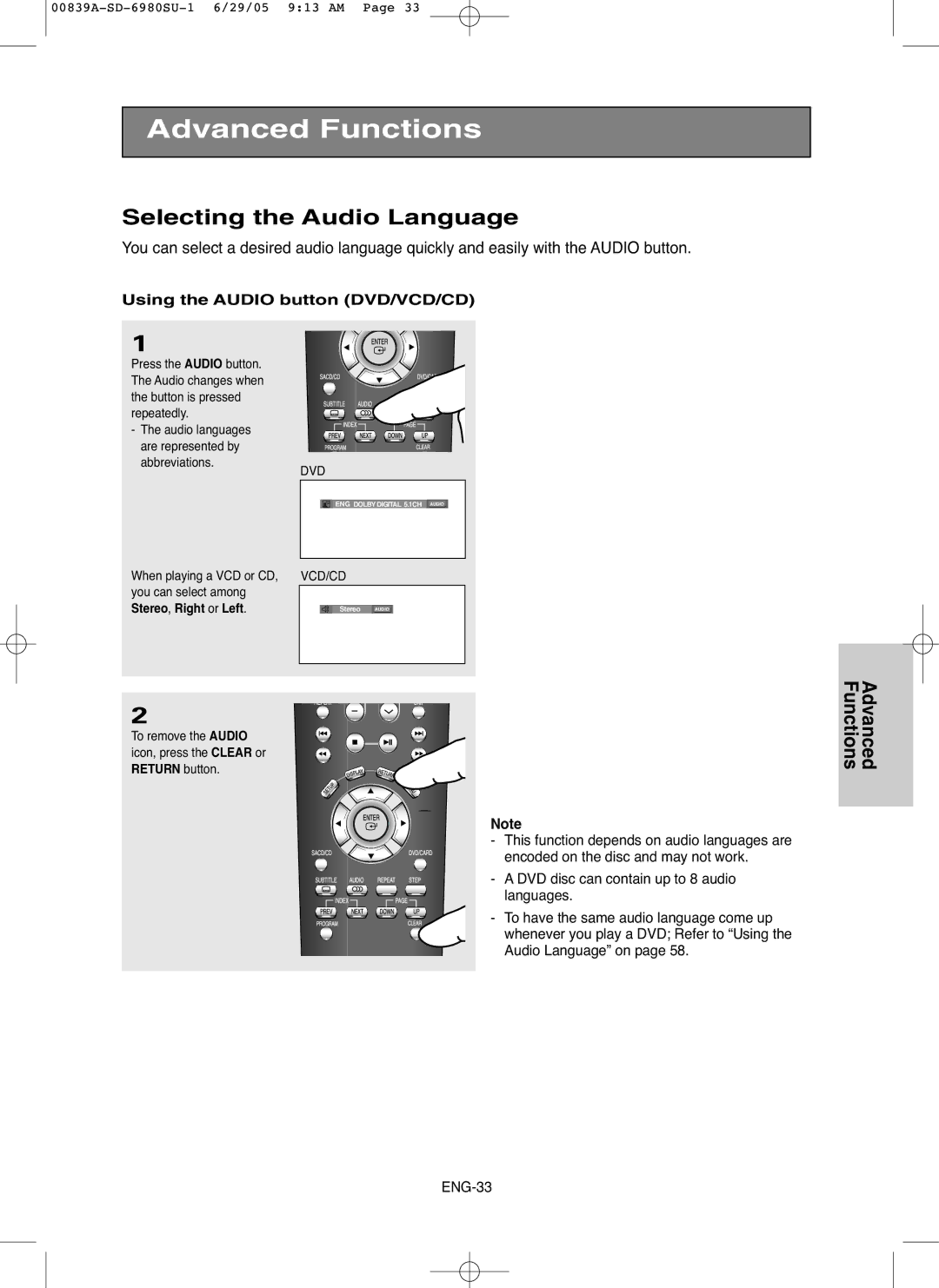 Toshiba SD-6980SU owner manual Selecting the Audio Language, Using the Audio button DVD/VCD/CD 