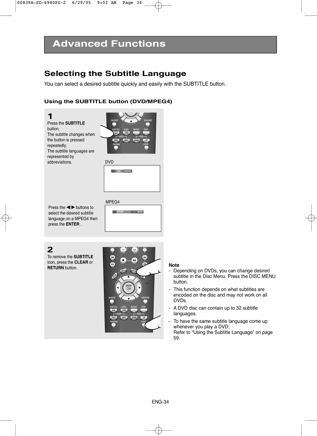 Toshiba SD-6980SU owner manual Selecting the Subtitle Language, Using the Subtitle button DVD/MPEG4 