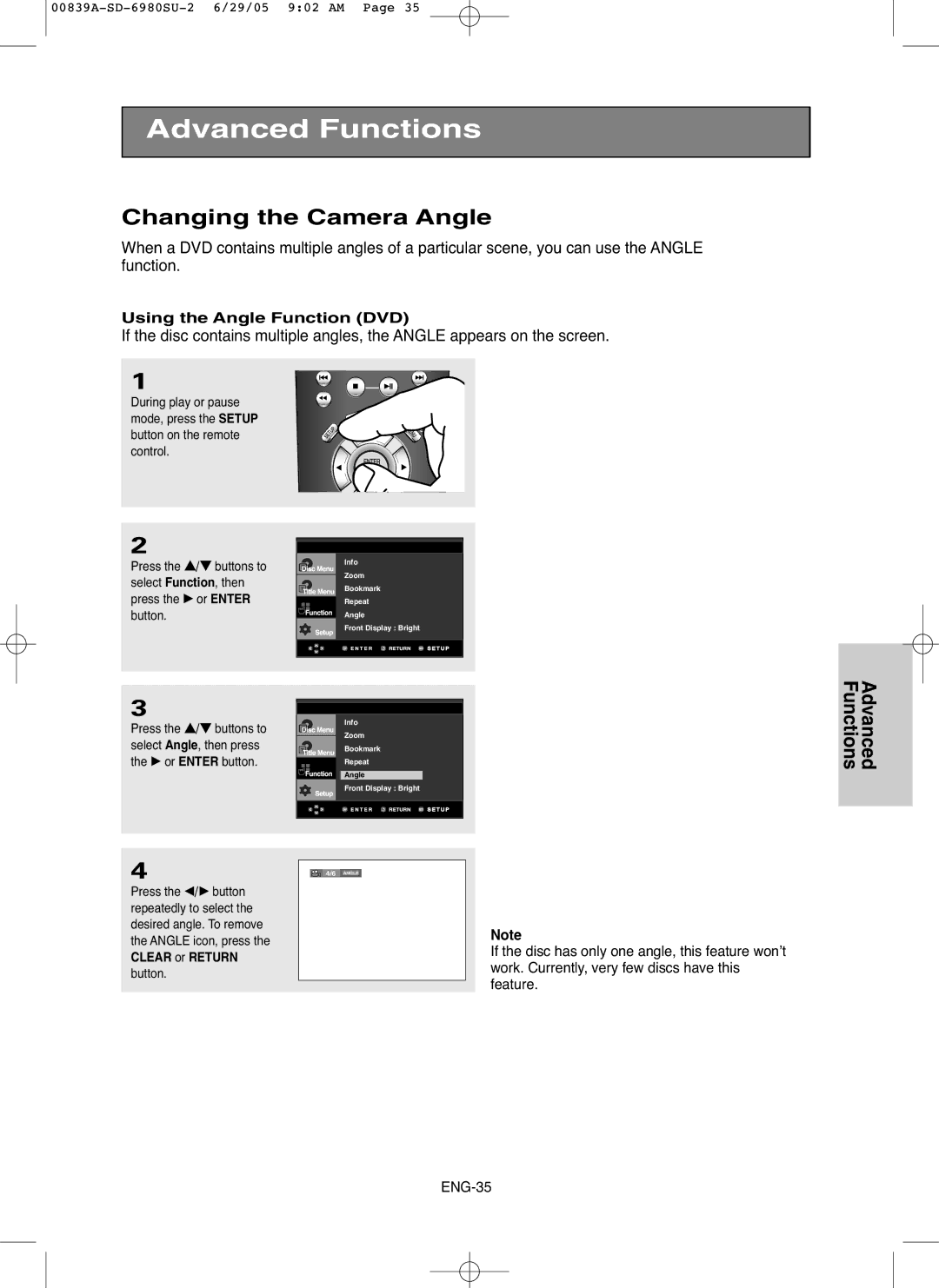 Toshiba SD-6980SU owner manual Changing the Camera Angle, Using the Angle Function DVD 