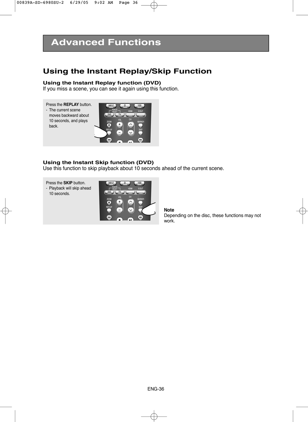 Toshiba SD-6980SU owner manual Using the Instant Replay/Skip Function, Using the Instant Replay function DVD 