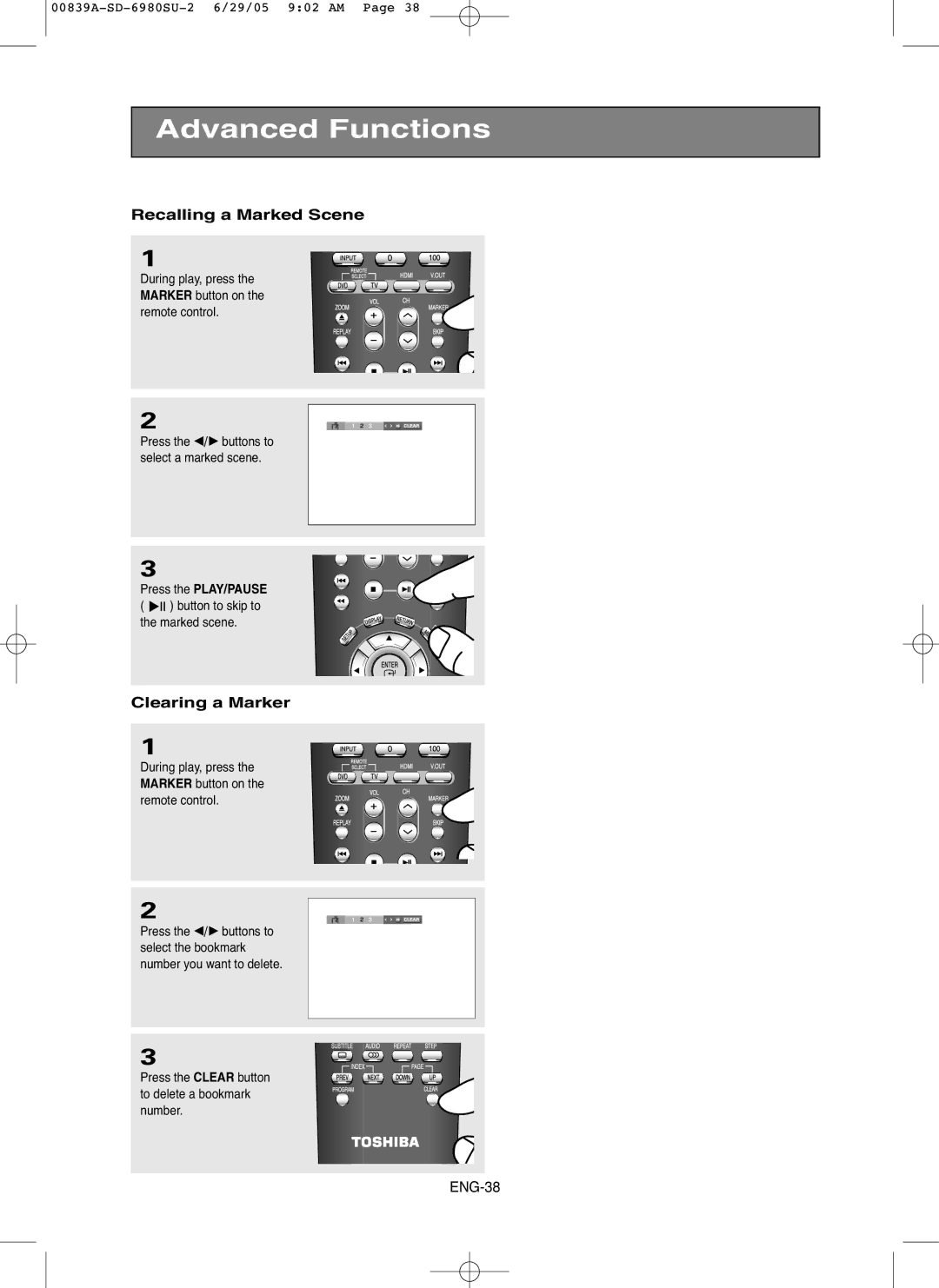 Toshiba SD-6980SU Recalling a Marked Scene, Clearing a Marker, Press the Clear button to delete a bookmark number 