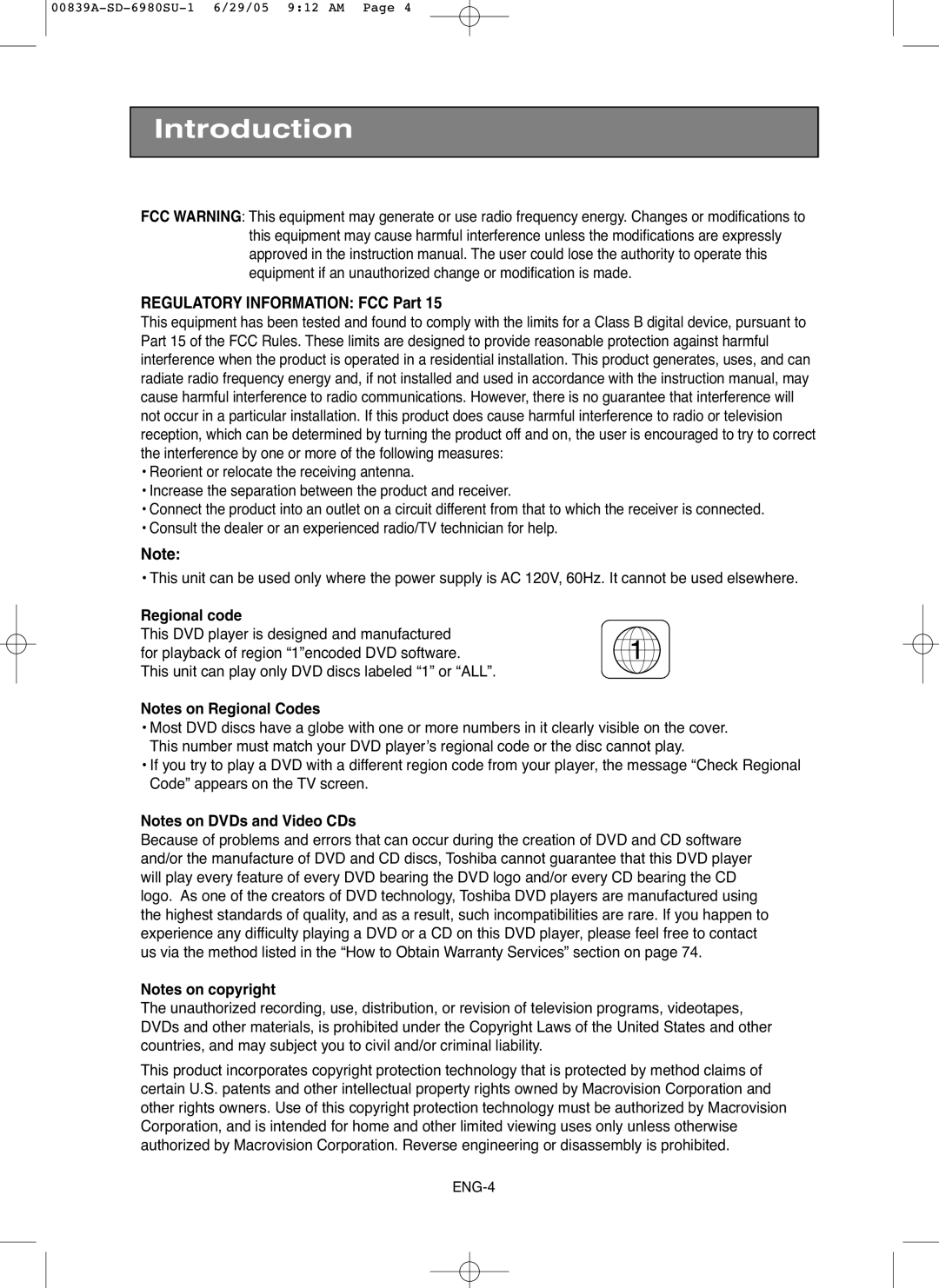 Toshiba SD-6980SU owner manual Regulatory Information FCC Part, Regional code 