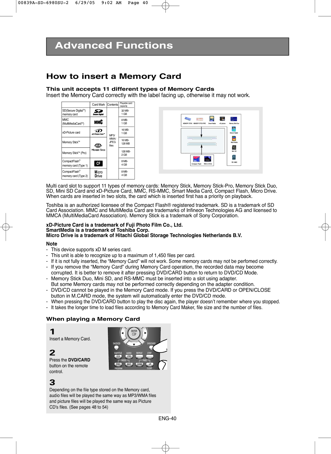 Toshiba SD-6980SU How to insert a Memory Card, This unit accepts 11 different types of Memory Cards, Insert a Memory Card 