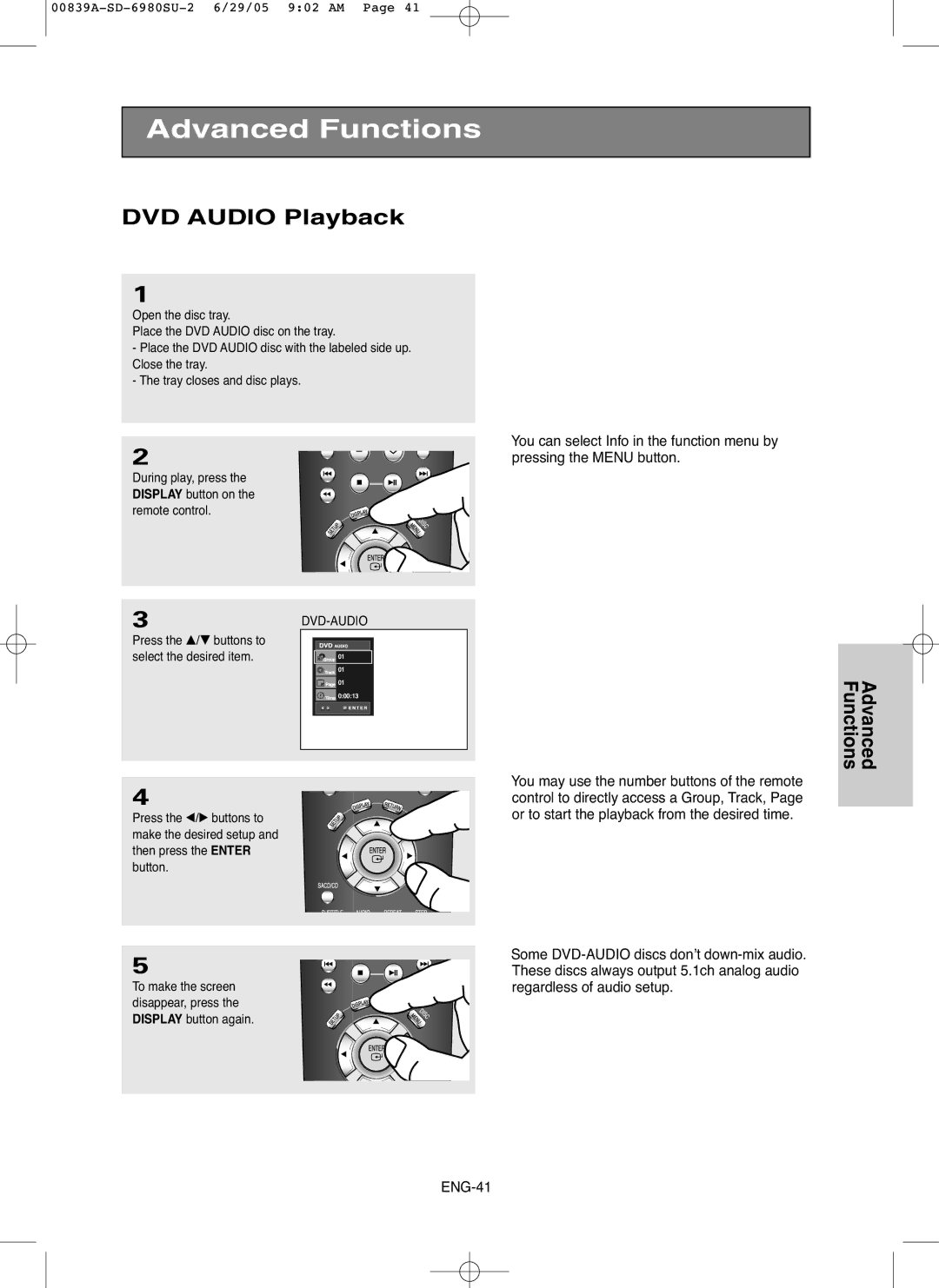 Toshiba SD-6980SU owner manual DVD Audio Playback, You can select Info in the function menu by 