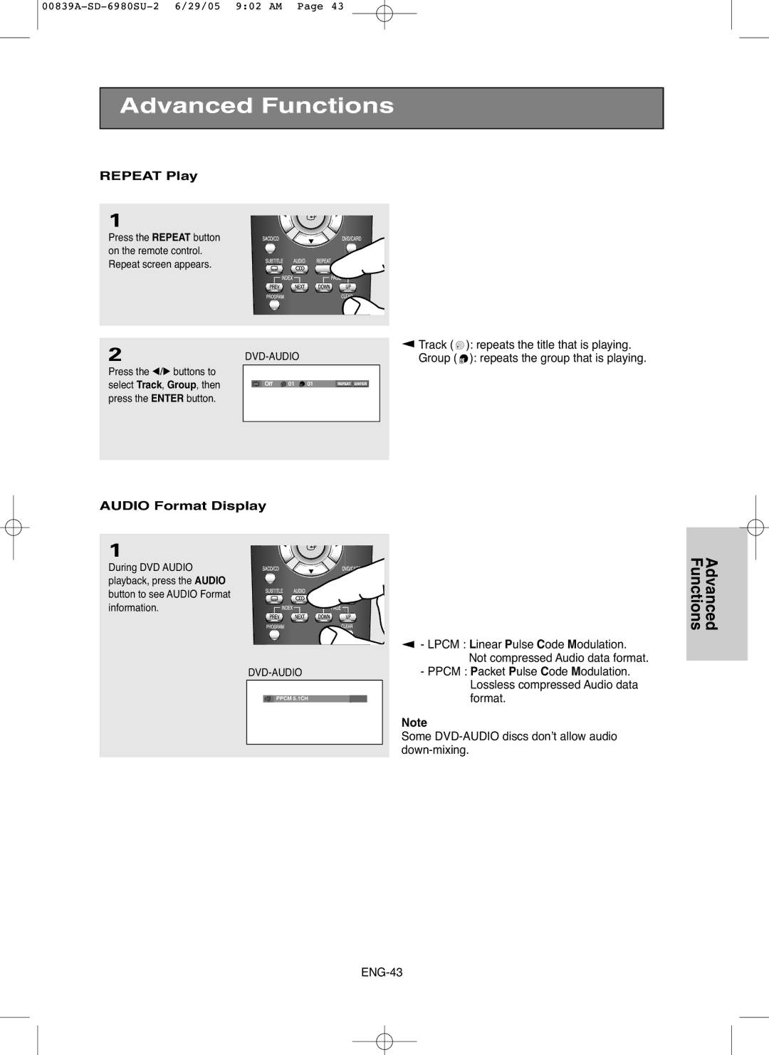 Toshiba SD-6980SU owner manual Repeat Play, Audio Format Display, Group repeats the group that is playing 