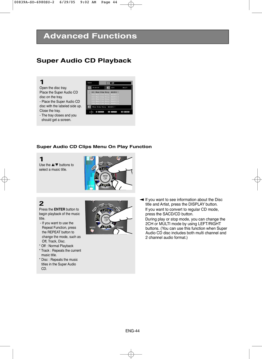 Toshiba SD-6980SU owner manual Super Audio CD Playback, Super Audio CD Clips Menu On Play Function 