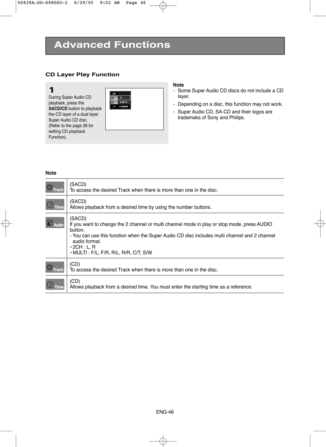 Toshiba SD-6980SU owner manual CD Layer Play Function, During Super Audio CD Playback, press 