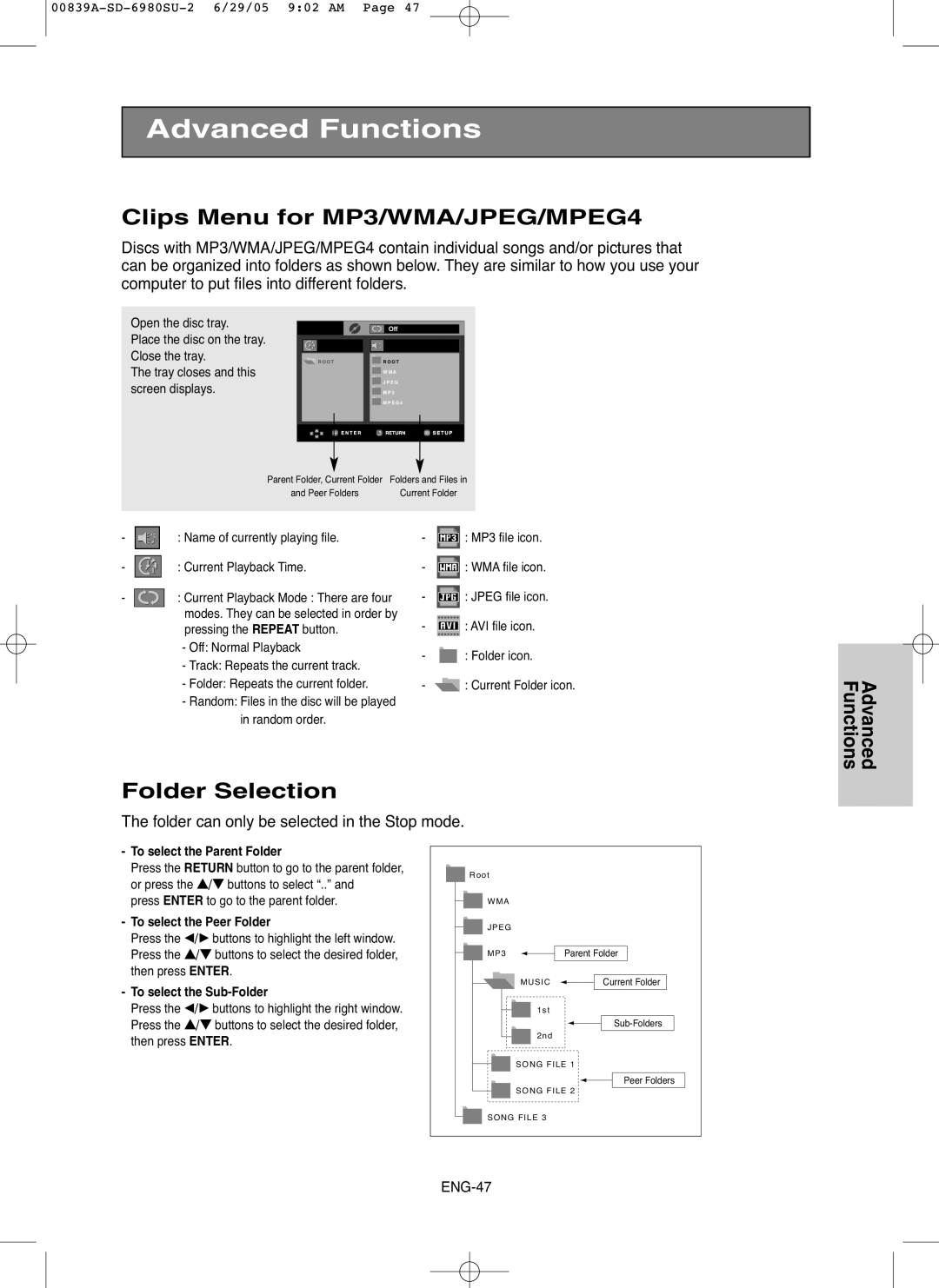 Toshiba SD-6980SU owner manual Clips Menu for MP3/WMA/JPEG/MPEG4, Folder Selection 