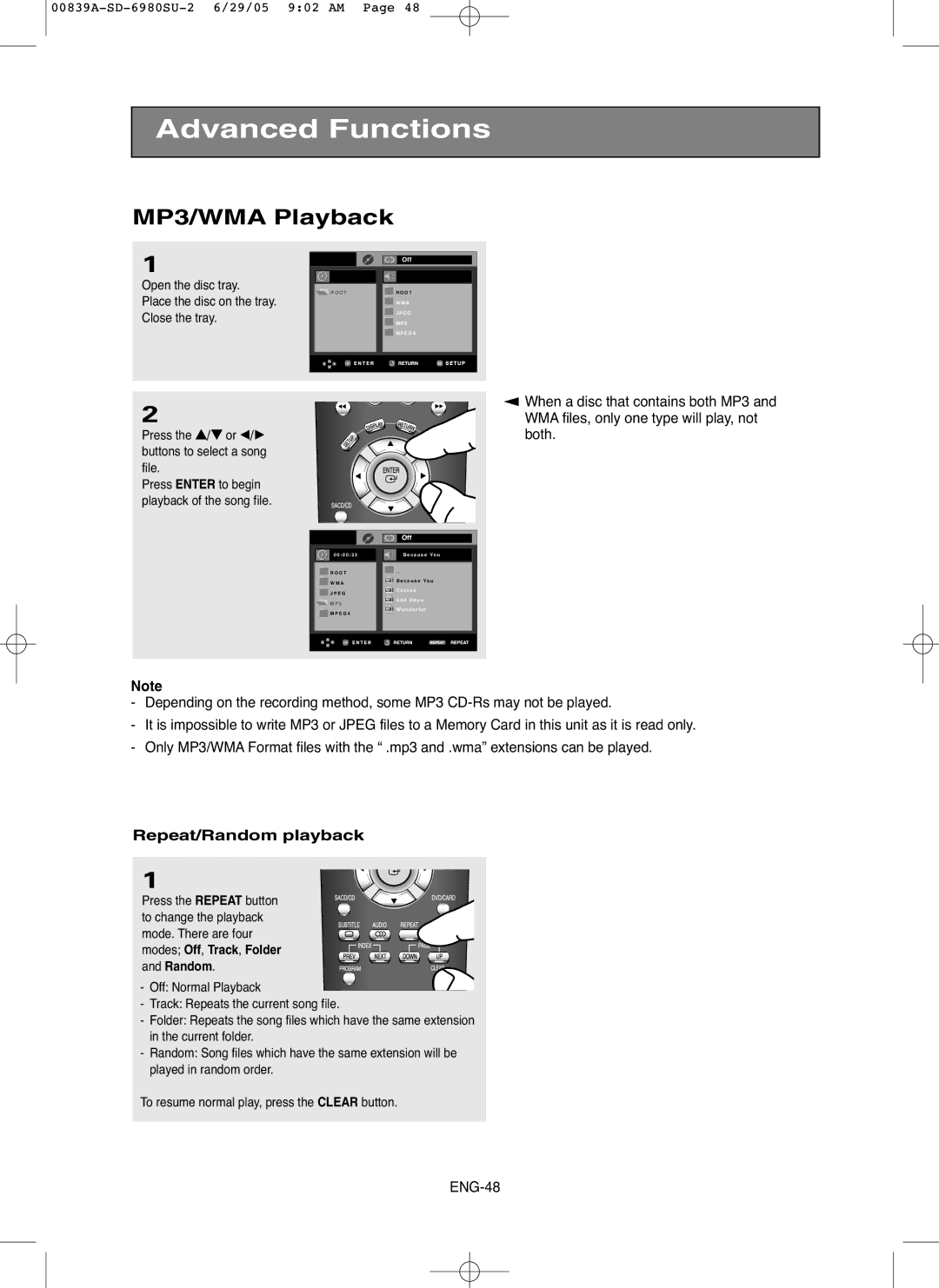 Toshiba SD-6980SU owner manual MP3/WMA Playback, Repeat/Random playback, Press the …/† or œ/√ buttons to select a song file 