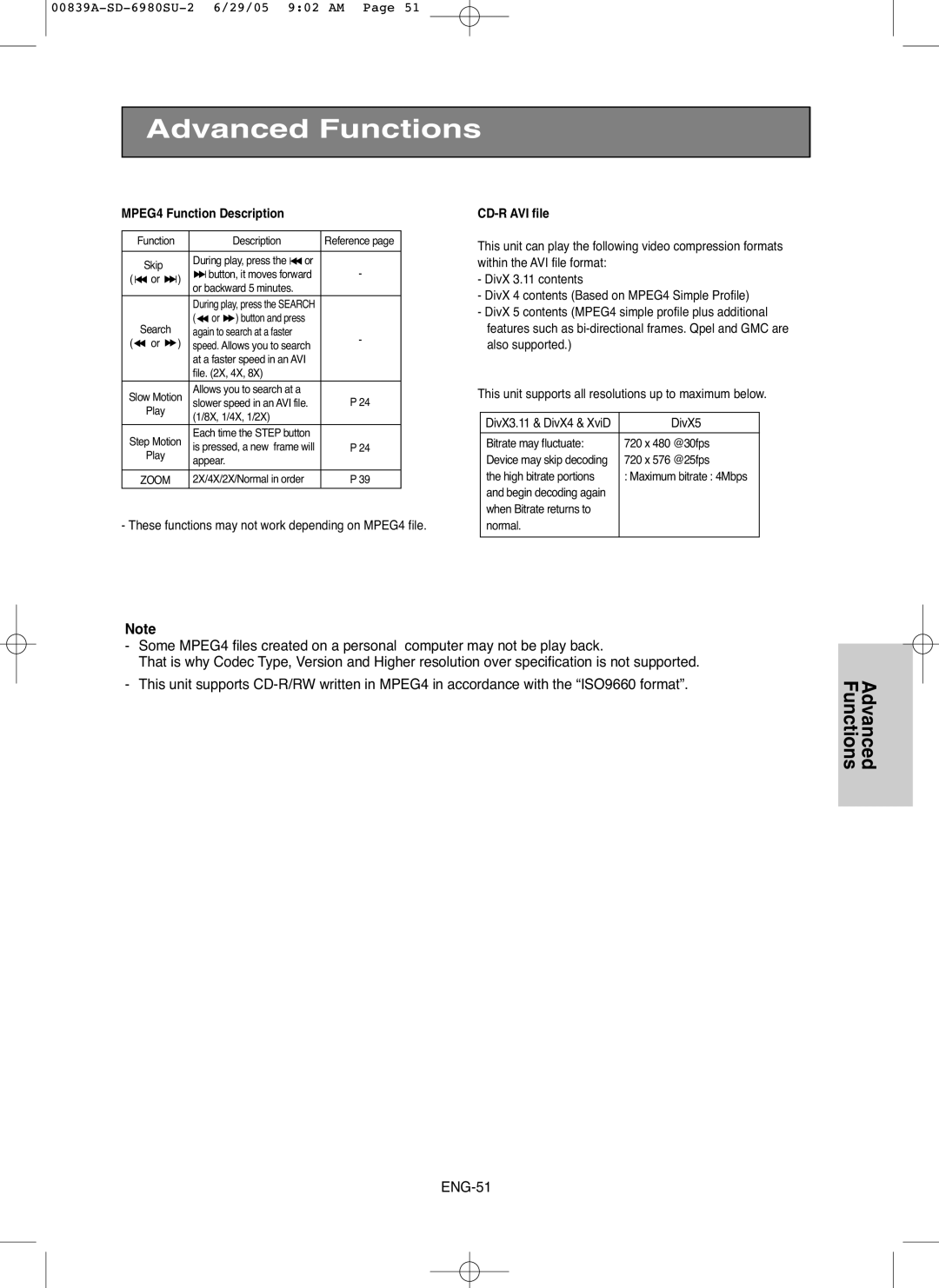 Toshiba SD-6980SU These functions may not work depending on MPEG4 file, DivX 3.11 contents, DivX3.11 & DivX4 & XviD DivX5 