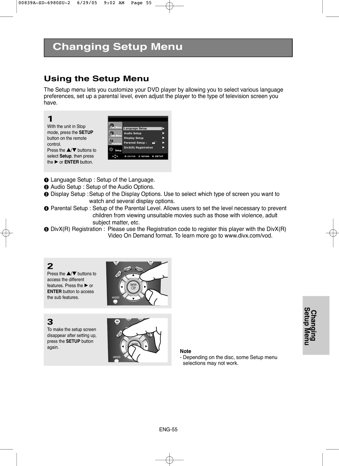 Toshiba SD-6980SU owner manual Changing Setup Menu, Using the Setup Menu 