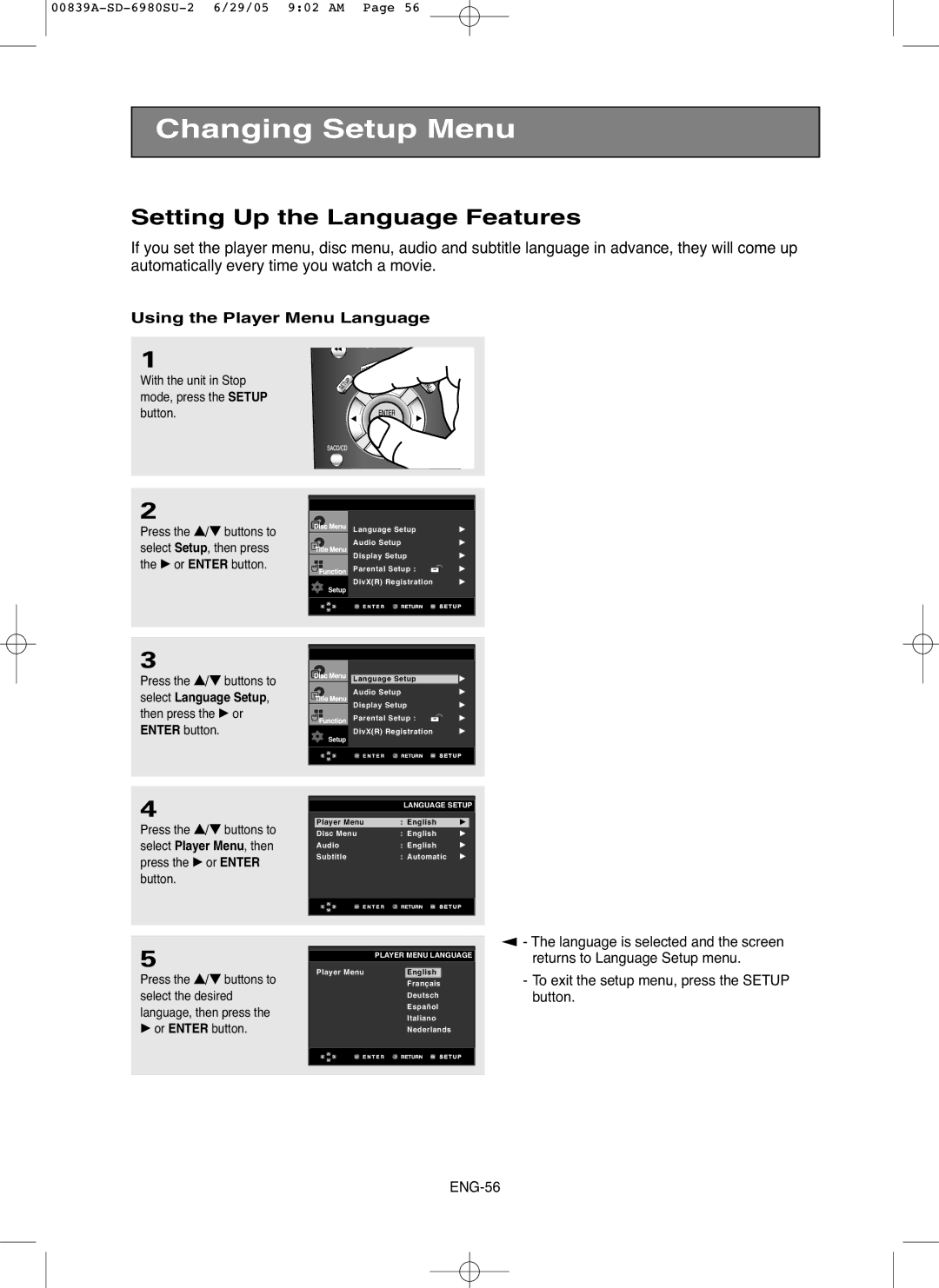 Toshiba SD-6980SU Setting Up the Language Features, Using the Player Menu Language, Press the √ or Enter button 