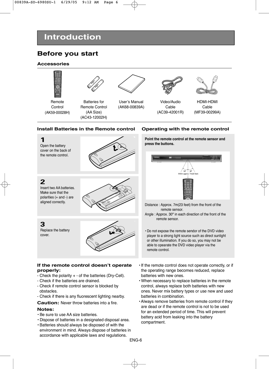 Toshiba SD-6980SU owner manual Before you start, Accessories, Install Batteries in the Remote control 