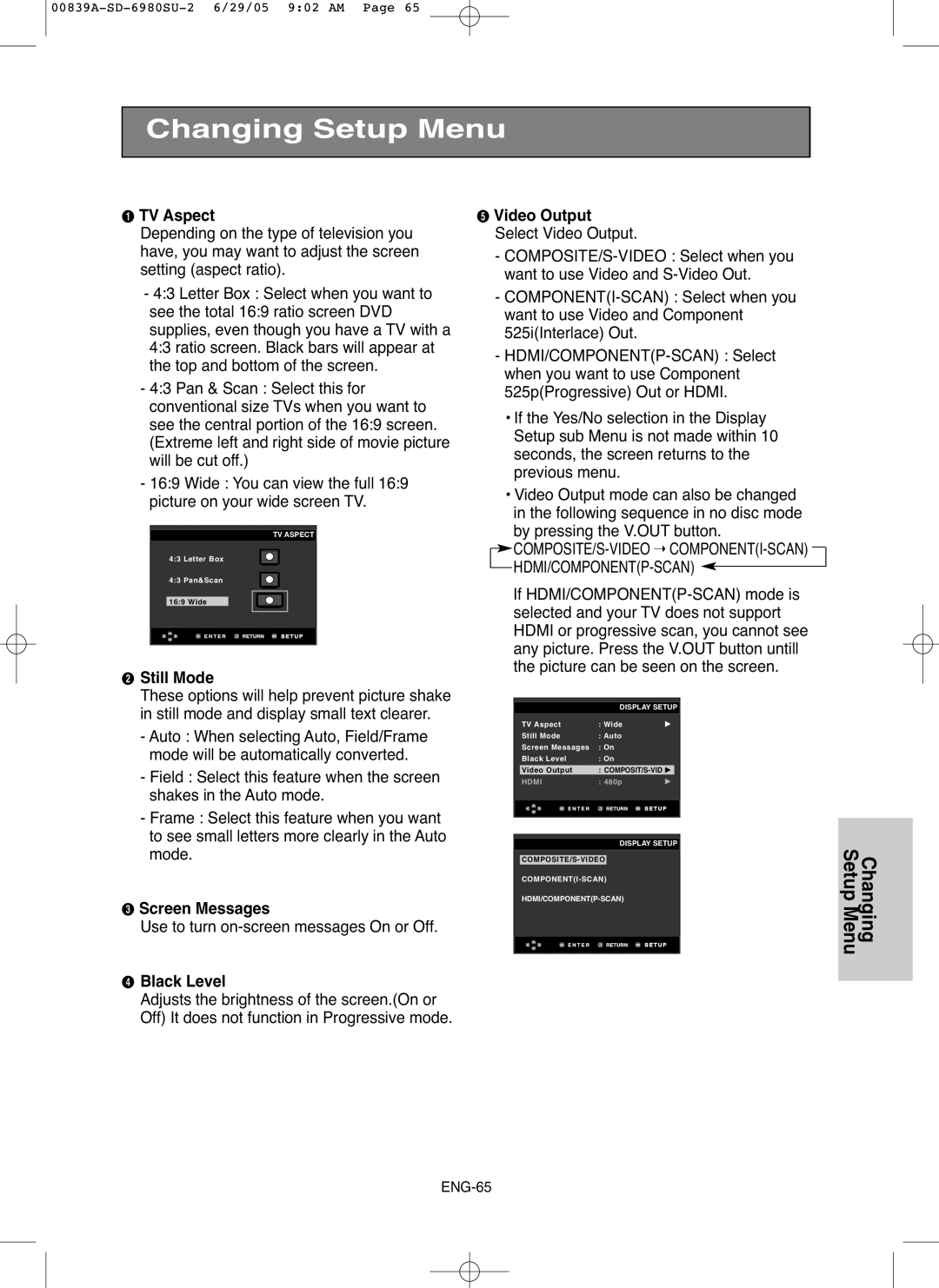 Toshiba SD-6980SU owner manual TV Aspect, ´ Still Mode, Screen Messages, ¨ Black Level, Video Output Select Video Output 