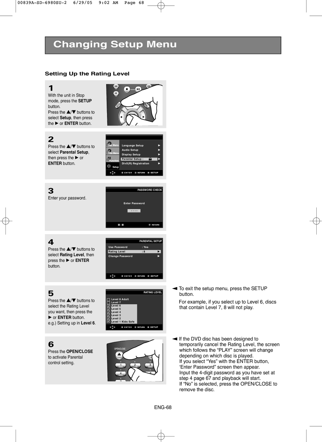 Toshiba SD-6980SU owner manual Setting Up the Rating Level, Enter your password, √ or Enter button Setting up in Level 