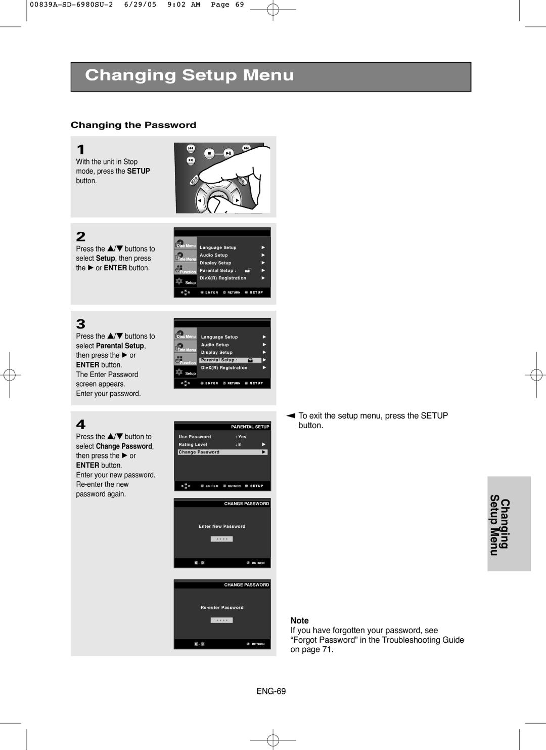 Toshiba SD-6980SU owner manual Changing the Password 