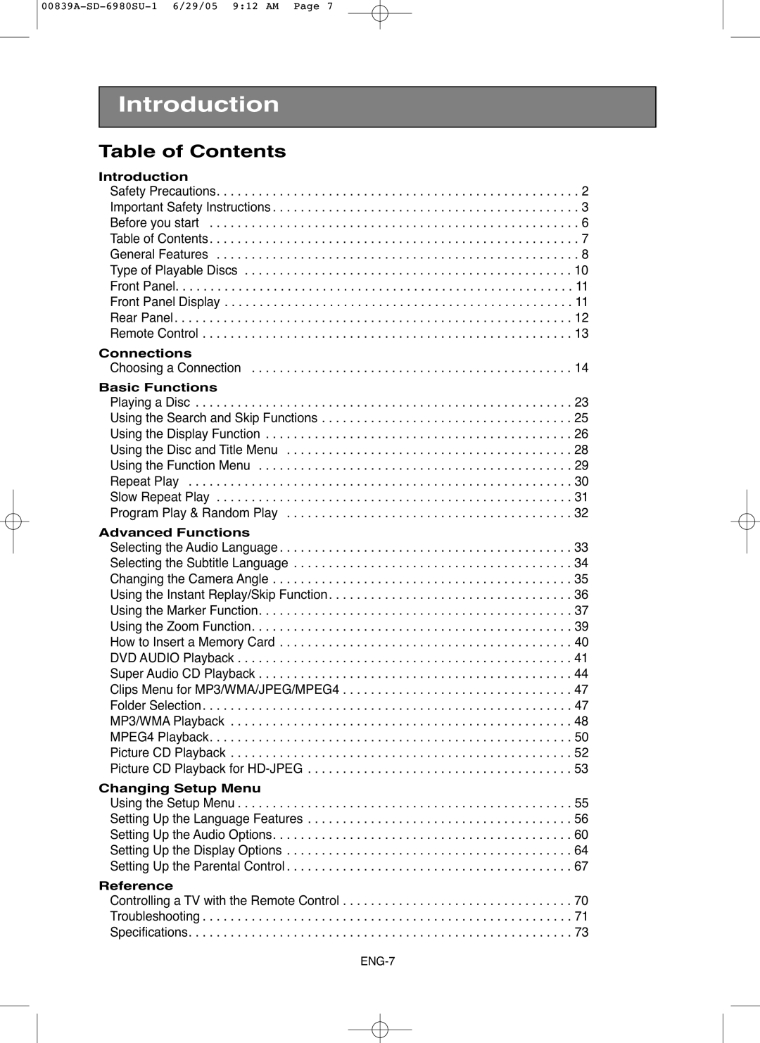 Toshiba SD-6980SU owner manual Table of Contents 