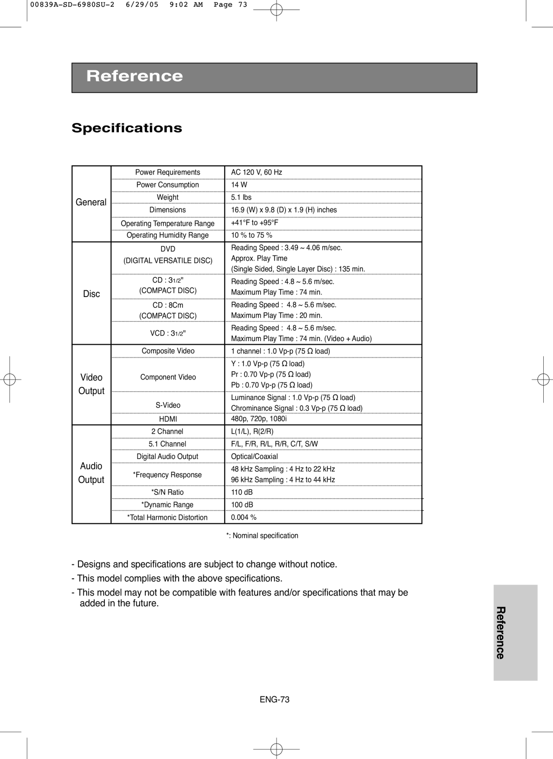 Toshiba SD-6980SU owner manual Specifications 